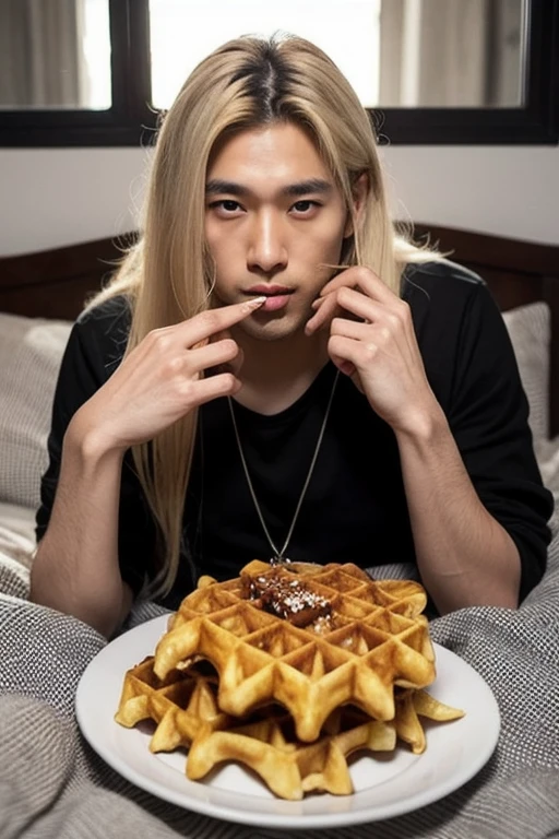 mysterious handsome men asian person, eating cheese waffle, long blonde hair, lying in bed with waffle and syrup in his body, licking,