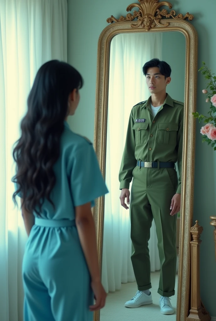 Prompts
Copy
A girl, tanned skin, long hair black hair,hanging over her chest, wearing a sky colour OT dress of doctors, standing Infront of a mirror,the room looks dreamy,a military man wearing olive colour uniform,clean shaved , handsome,enter the room by opening the door, long hair upto waist,ot dress long pant and shirt,sky colour, hair long , hair open
INFO