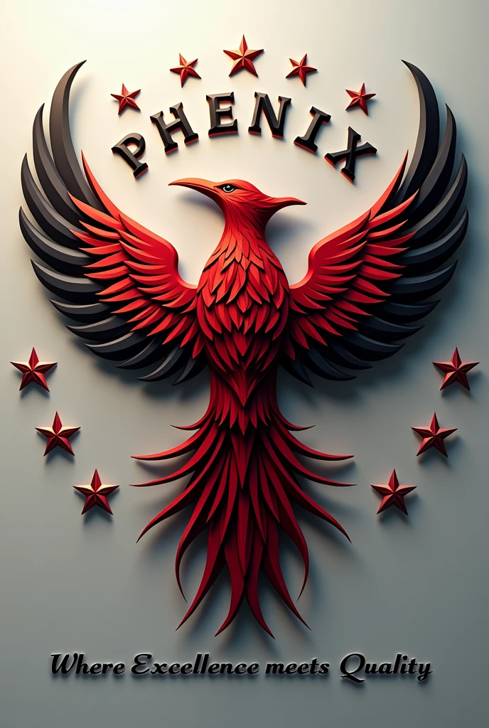  Phoenix bird + infinity symbol logo in red and black combo, merge phoenix bird and infinity symbol, include only 9 stars one around the bird ,  and include the name  PHOENIX in capitals and in modern font and INFINITI in smaller font than Phoenix, place it infiniti word right below PHOENIX, and add a tagline Where Excellence meets Quality