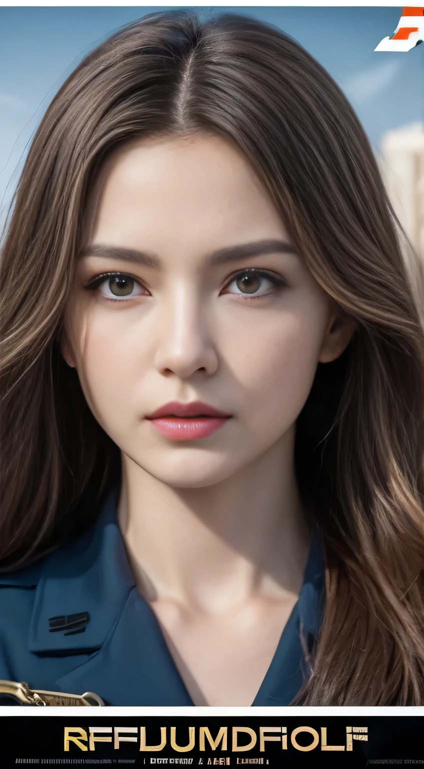 realistic,polite dress,(Fighter Action War Movie Poster),(foundation film reference: 1.8),realistic,Air Force general uniform,(realistic face resolution),movie pose,adult,skinny,big,one long-haired dark blonde woman,serious face,SF,SF,Various support characters