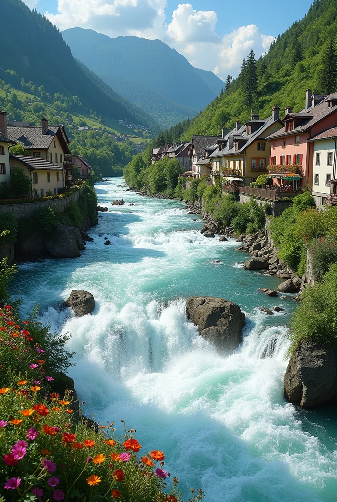 river with a fast current at the bottom of a hill outside of a small town