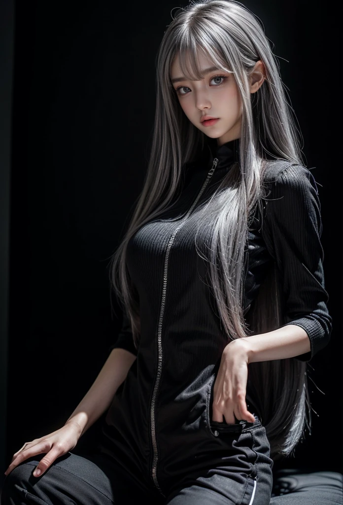 standing,Military Uniforms,pants,black military uniform,whole body,Height: 168cm,almond shape eyes,{{{{{silver eyes}}}}},{{{{{dull bangs}}}}},(slanted eyes},{{whole body},{{{1 girl}}}, long hair, straight hair,{{{{silver hair}}}},{{{tsurime}}},30 years old,{Medium chest},{{bush}},silver eyes,{{{masterpiece}}}, {{{highest quality}}}, {{Super detailed}}, {shape}, {{very delicate and beautiful}},very detailed,detailed perfect,detailed hyper,Abundant thighs,big ass,black clothes