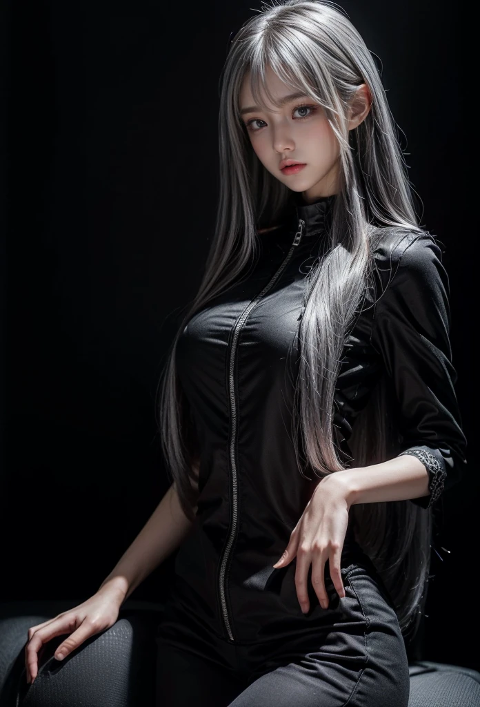 standing,Military Uniforms,pants,black military uniform,whole body,Height: 168cm,almond shape eyes,{{{{{silver eyes}}}}},{{{{{dull bangs}}}}},(slanted eyes},{{whole body},{{{1 girl}}}, long hair, straight hair,{{{{silver hair}}}},{{{tsurime}}},30 years old,{Medium chest},{{bush}},silver eyes,{{{masterpiece}}}, {{{highest quality}}}, {{Super detailed}}, {shape}, {{very delicate and beautiful}},very detailed,detailed perfect,detailed hyper,Abundant thighs,big ass,black clothes