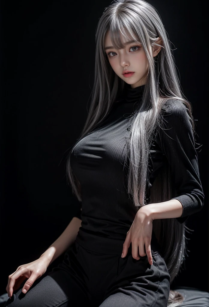 standing,Military Uniforms,pants,black military uniform,whole body,Height: 168cm,almond shape eyes,{{{{{silver eyes}}}}},{{{{{dull bangs}}}}},(slanted eyes},{{whole body},{{{1 girl}}}, long hair, straight hair,{{{{silver hair}}}},{{{tsurime}}},30 years old,{Medium chest},{{bush}},silver eyes,{{{masterpiece}}}, {{{highest quality}}}, {{Super detailed}}, {shape}, {{very delicate and beautiful}},very detailed,detailed perfect,detailed hyper,Abundant thighs,big ass,black clothes