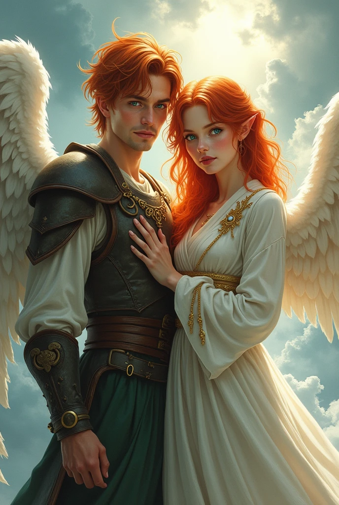 A red-haired angel with blue eyes and a handsome red-haired demon with green eyes, and they are siblings.