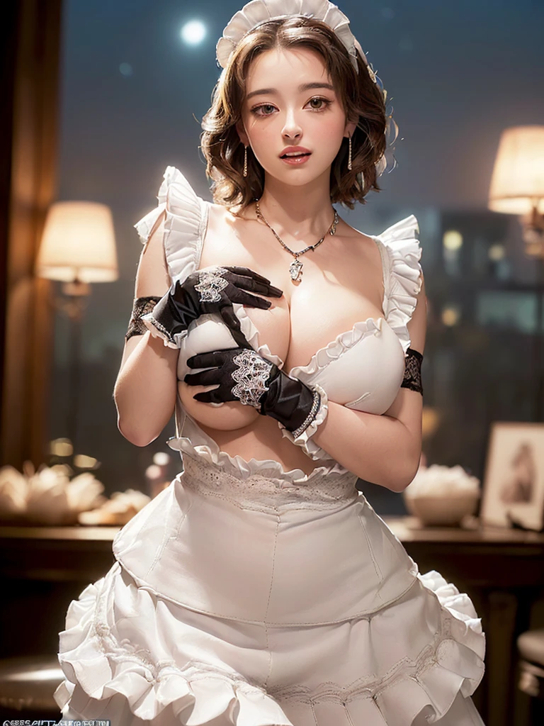 /*Quality writing*/
((((Super perfect plump big breastasterpiece),(Supermodel body type:1.10),(best quality),(super quality),(ultra detailed lips),(ultra detailed eyes),(super detailed skin),(perfect anatomy),(16k portrait),(hyperdetailed face), (Realistic pupils),(Extra-fine bristles),((((Super perfect plump big breasts)))),(cleavage),(perfect big ass),(Ultra-flawless skin),(high-resolution),(illustration),(photorealistic),(extremely detailed CG),(official art),(production art),(novel illustration),(by famous artist),(caustics),(textile shading),(super detailed skin),(cinematic lighting),(dynamic lighting),BREAK
/*(A girl with a beautiful character and expression:1.3), Asian Girl, 1 girl, Light on Face, 18 years old, (Very sweet smile), (long-cut hairstyles),BREAK
/*(garmentaid costum:1.1), (See-through:1.1), (Fluffy ruffleaids:1.1), (nipples visible through clothes),(Light brown:1.2), (Extravagant ruffles and lace:1.2), (voluminous skirt:1.3), (Emphasized sufficient cleavage:1.1), (The most gorgeous necklaces in the world), (The most gorgeous earrings in the world), (The most gorgeous opera gloves in the world:1.5)
BREAK
/*Pose*/
(katherine Langford),(Sex Appeal),(Sexy sculpture pose),
/*Angular posture*/
(Sparkling night sky:1.2), (The atmosphere of a maid café:1.3), Looking at Viewer
