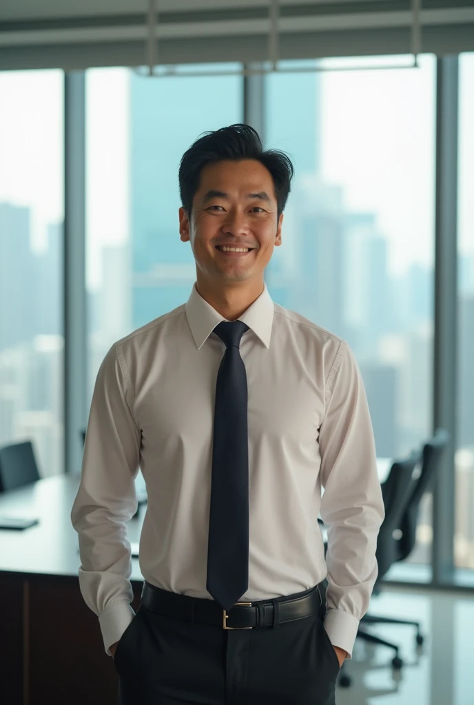 a Korean male CEO in his 40s facing forward with a smiling expression, portraying a vibe commonly seen in product reviews,full-naked ,tie