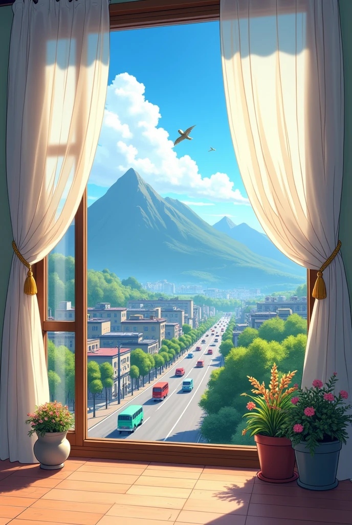 Morning city view from window of 1st floor building with slight visible road and few vehicles and some mountains in the background manga style