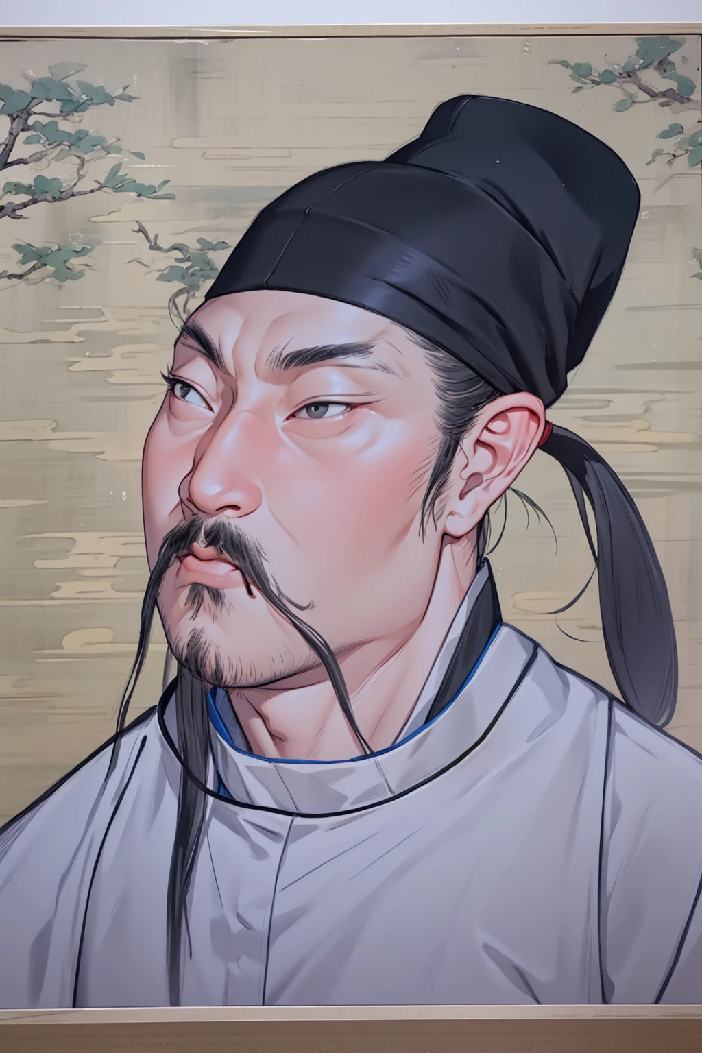 HD, (The finest details), (best quality), Disney, Li Bai，Ancient Chinese poet，1boy，Male focus，solo，Facial hair，hat，traditional media，Black Hair，Moustache，beard，Ponytail，Black headdress，Japanese Clothing，Upper body