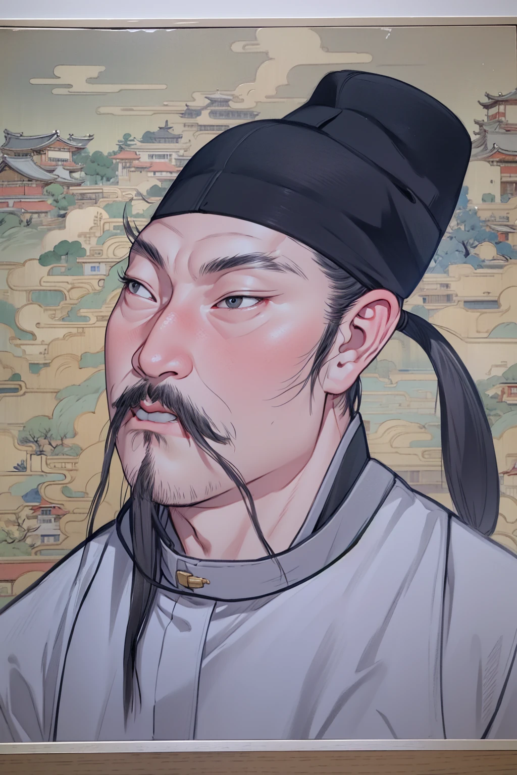 HD, (The finest details), (best quality), Disney, Li Bai,Ancient Chinese poet,1boy,Male focus,solo,Facial hair,hat,traditional media,Black Hair,Moustache,beard,Ponytail,Black headdress,Japanese Clothing,Upper body