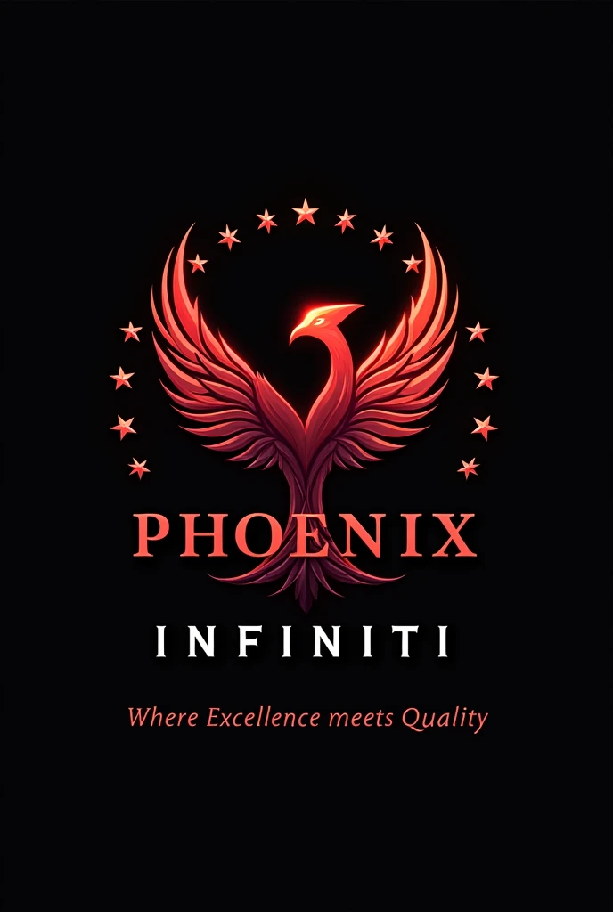 Phoenix bird + infinity symbol logo in red and black combo, merge phoenix bird and infinity symbol, include only 9 stars one around the bird , and include the name PHOENIX in capitals and in modern font and INFINITI in smaller font than Phoenix, place it infiniti word right below PHOENIX, and add a tagline Where Excellence meets Quality