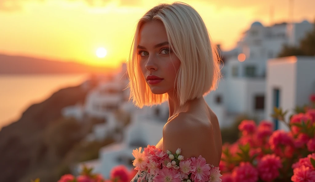cyberpunk, future city, western, flower_dress, hot girl, santorini, greece, looking at sunset, makeup, (masterpiece), best quality, high resolution, extremely detailed, blurred background, depth of field, cinematic lighting. Russian women big pumped lips red lipstick super big fake lips bob cut hairstyle blonde hair big green eyes forehead is slightly arched, giving my face a distinctive shape. It flows seamlessly into my high, defined eyebrows. The bridge of my nose is straight and symmetrical, leading up to a pointed tip. My nostrils are small and delicate, adding character without being overwhelming. My cheekbones are prominent, highlighting my large, round eyes even further. My jawline is strong and defined, giving my face a masculine edge despite its feminine features. My neck is long and graceful, flowing effortlessly into my shoulders. flower garden , big fake lips big size lip big pumped lips red lipstick cleavage sweat in forhead