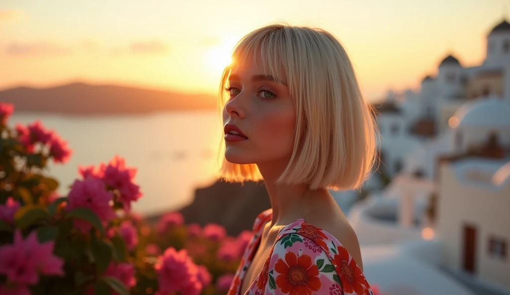 cyberpunk, future city, western, flower_dress, hot girl, santorini, greece, looking at sunset, makeup, (masterpiece), best quality, high resolution, extremely detailed, blurred background, depth of field, cinematic lighting. Russian women big pumped lips red lipstick super big fake lips bob cut hairstyle blonde hair big green eyes forehead is slightly arched, giving my face a distinctive shape. It flows seamlessly into my high, defined eyebrows. The bridge of my nose is straight and symmetrical, leading up to a pointed tip. My nostrils are small and delicate, adding character without being overwhelming. My cheekbones are prominent, highlighting my large, round eyes even further. My jawline is strong and defined, giving my face a masculine edge despite its feminine features. My neck is long and graceful, flowing effortlessly into my shoulders. flower garden , big fake lips big size lip big pumped lips red lipstick cleavage sweat in forhead
