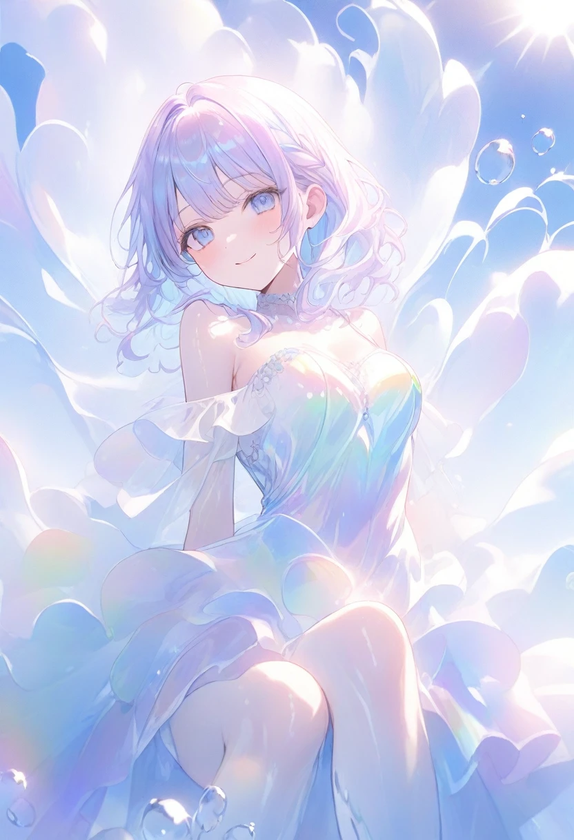 (Super detailed, 8K, best quality, ultra detailed, masterpiece), underwater, A lot of bubbles, Paleblue-blue gradient coloed water, nice, bright, Light shines through the water, Beautiful and mysterious lady with a sweet smile, ((She is holding her leg close to her body and pointing her right toe.floating on her back in water)), The girl is tall and medium bust,sparkling dark blue eyes, Her long rainbow-colored hime-cut hair is flowing, a dress made of many layers of fabric, shiny glossy iridescent clothes, shiny reflective clothes, pastel, lens Flare, soft gradient　