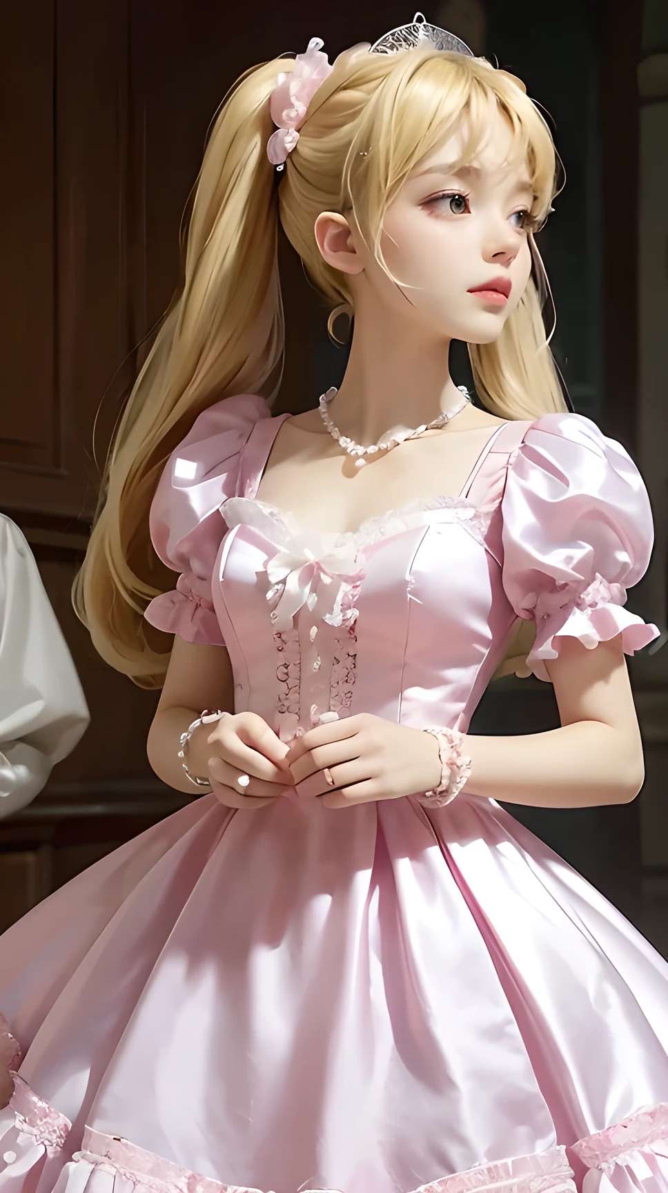 Vivid colors, Masterpiece, Sharp focus, Top quality, Depth of field, Cinematic lighting, Perfect anatomy, Girl Cute Blonde hair Twin tails (Dress: pink silk organdy princess line dainty Ruffles Lace Pearls Jewelry), Dress design, masterpiece, vibrant colors