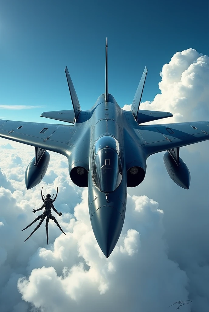 Character inspired by a jet plane with pliers in hand a dark gray nose two jet engines large blue wings no eyes and no mouth on the jet plane is that it is a flying plane is that it is black in color and that it flies in the sky is that it is a large jet plane that has an aerodynamic side