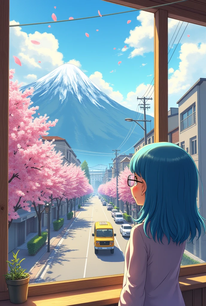 Morning city view from window of 1st floor building with slight visible road and few vehicles and some mountains in the background manga or anime style