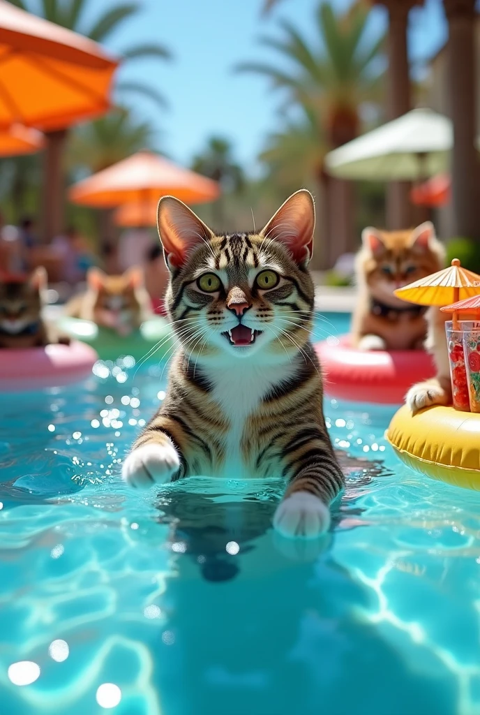 Un chat tigré marron et noir foncé à poils courts, avec le torse et les deux pattes avant de couleur blanche. Il est en pool party en train de faire la fête et les discussions avec plein d’autre chat qui sont aussi en vacance au bord d’une piscine de luxe
