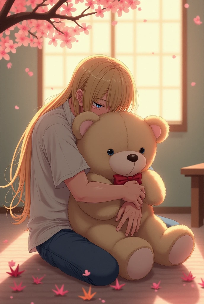 A Japanese-looking man crying with his large teddy bear.
Man with long blond hair and blue eyes