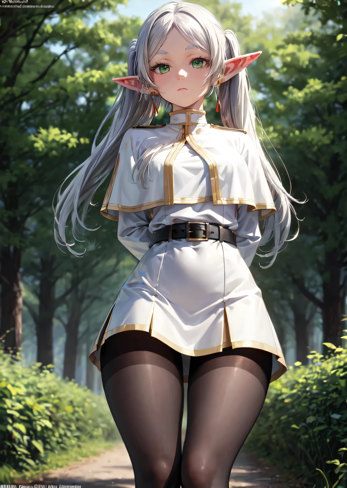 [FrierenBase], [Frieren], ((masterpiece)), ((HD)), ((High Res)), ((solo)), ((front view)), ((waist up)) ((detailed shading)), ((intricate details)), {(slim  figure), (smooth skin), (long white hair), (twintails), (elf ears), (curvy hips), (defined legs), (blank expression)}, {(earrings), (white capelet), (striped shirt), (horizontal stripes), (long sleeves), (brown belt), (white skirt), (gold-trim on skirt), (black pantyhose)}, {(arms behind back), (looking at viewer)}, [ambient lighting, outdoors, forest, sun rays]