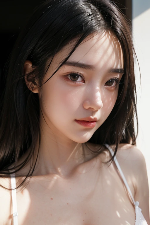 Ultra high definition, Textured skin, Very detailed, High detail, Retina, Black Hair, Two Side Up, chest, Nipples,Blushing, White sheer bra top,hotel,Overexposure, Ray Tracing, Portrait Photography, Surrealism, realism,