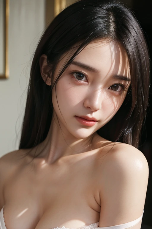 Ultra high definition, Textured skin, Very detailed, High detail, Retina, Black Hair, Two Side Up, chest, Nipples,Blushing, White sheer bra top,hotel,Overexposure, Ray Tracing, Portrait Photography, Surrealism, realism, 