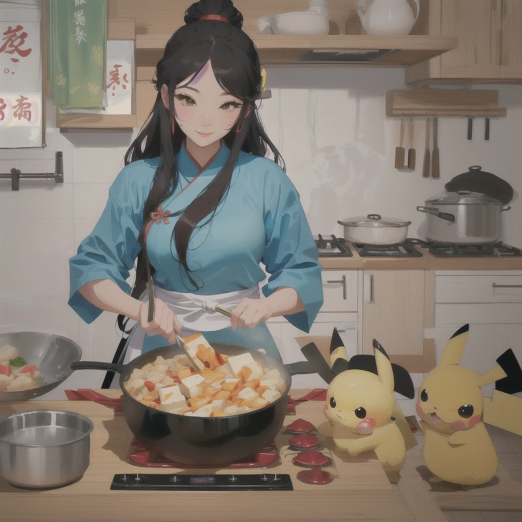 cartoon of a woman cooking food in a wok pan on a table, Sexy beauty map tofu cartoon, Pikachu cooks squid, cooking show, cooking, Inspired by Chen Daofu, gta chinatowon art style, Inspired by Yao Tingmei, wikihow illustrations, inspired by Pan Tianshou, inspired by Guan Daosheng, Inspired by Lin Tinggui,80's