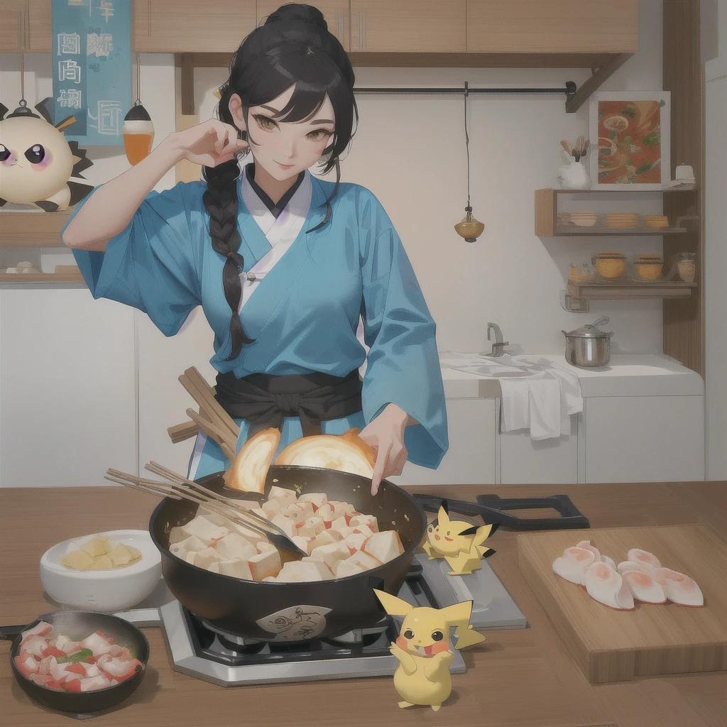 cartoon of a woman cooking food in a wok pan on a table, Sexy beauty map tofu cartoon, Pikachu cooks squid, cooking show, cooking, Inspired by Chen Daofu, gta chinatowon art style, Inspired by Yao Tingmei, wikihow illustrations, inspired by Pan Tianshou, inspired by Guan Daosheng, Inspired by Lin Tinggui,80's