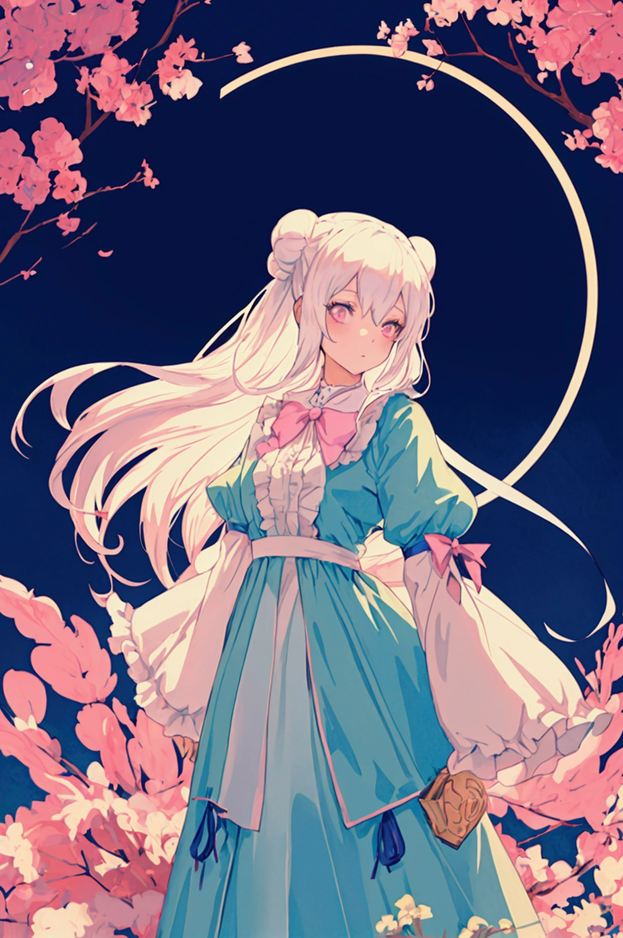 Anime bunny-eared girl in long pale blue dress standing in plain background, Victorian dress, Long dress, White hair, Pink eyes, artwork in the style of guweiz, guweiz on pixiv artstation, guweiz on artstation pixiv, guweiz, 18-year-old girl, soft anime illustration, Anime visuals of cute girls, detailed digital anime art, (((No arm frills)))