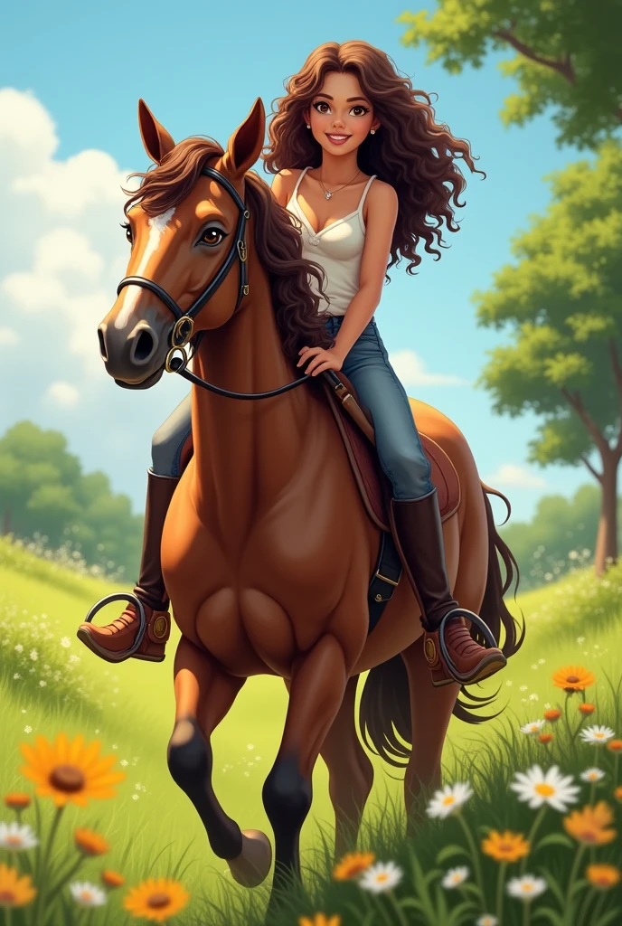 A brunette girl with curly hair and big boobs sits on horse