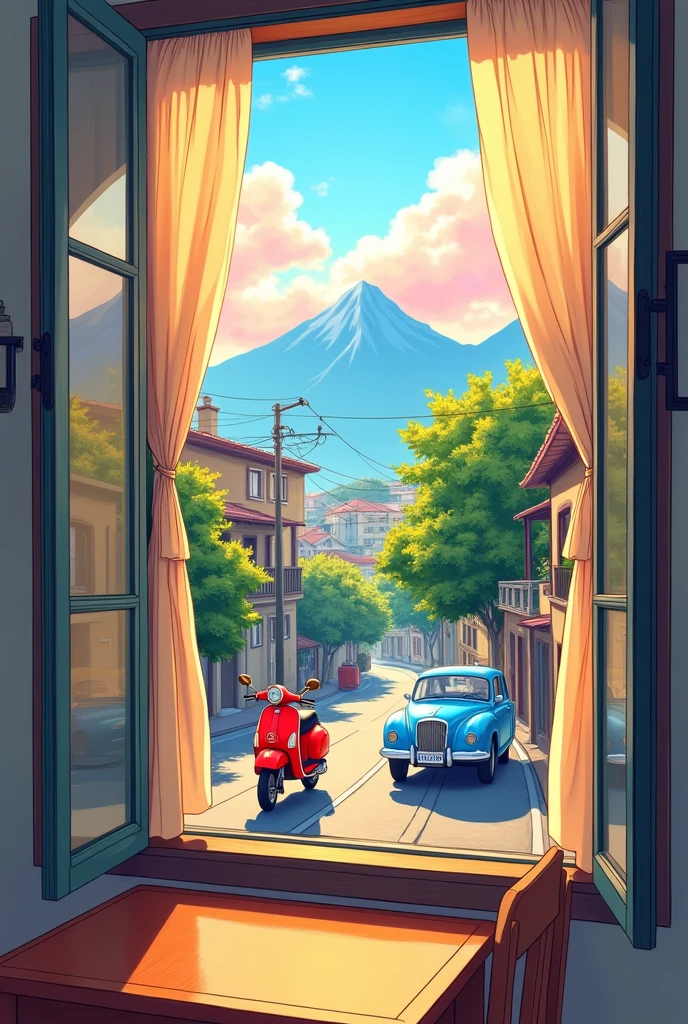 Morning city view from window of 1st floor building with slight visible road and few vehicles and some mountains in the background manga or anime style