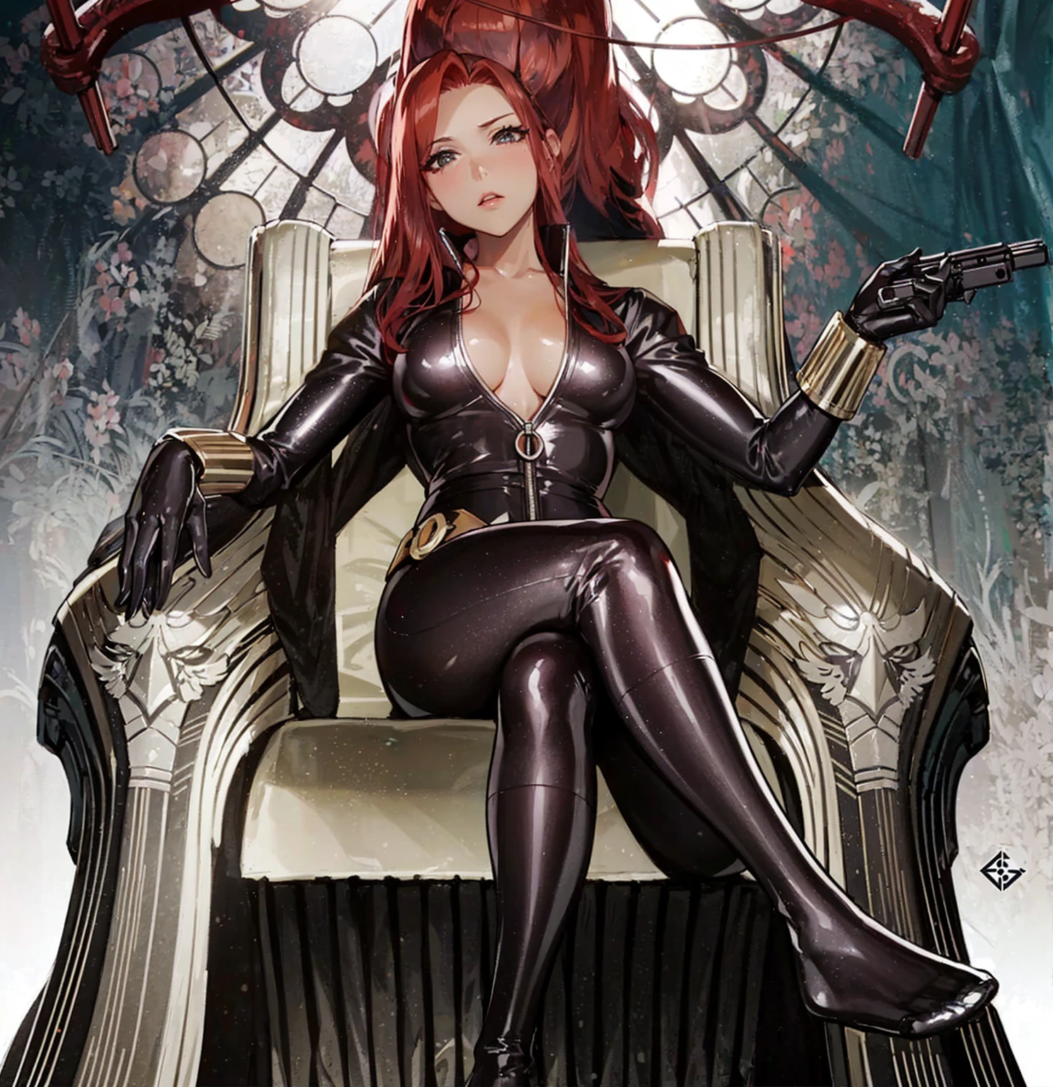 The image depicts a red-haired girl sitting on a throne. She sports a sleek skin-tight shiny black latex bodysuit with a deep-cut zipper neckline revealing a large chest, the silver zipper running down the front. The suit is complemented by her golden wrist guard on both wrists and a belt of shiny golden circles around her waist. The girl is portrayed as holding a gun in each of her hands, highlighting a sense of power and assertiveness. The backdrop consists of architectural features and the colour palette predominantly includes shades of gray.