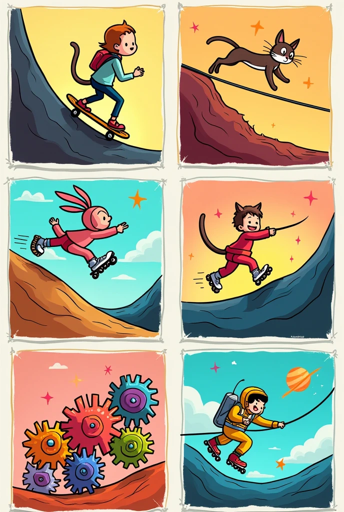 Create a collage with 6 different images in square frames about examples of physics dynamics simple cartoon drawings