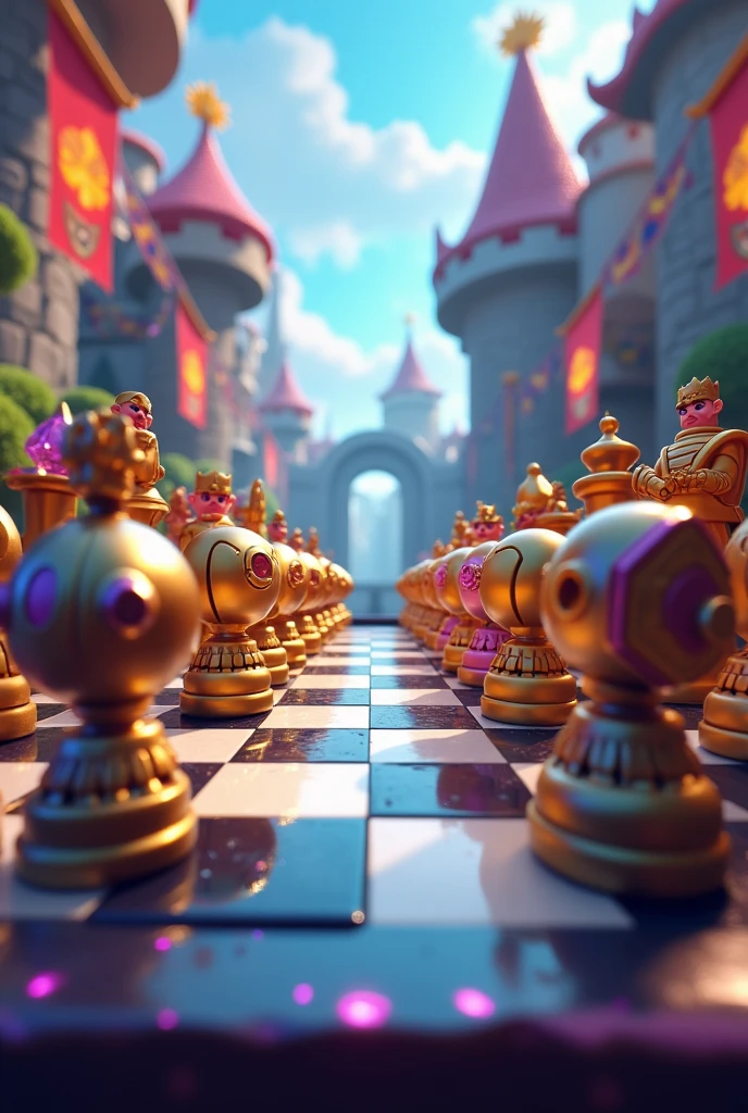 Chessboard in the clash royale theme seen from above with the chess pieces (but clash royale design), like before starting a chess game. Don't put the clash royale class towers.