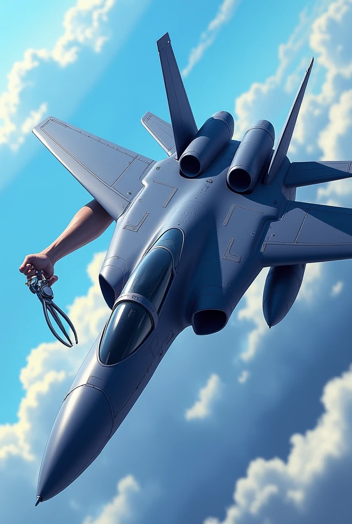 Character inspired by a jet plane with pliers in hand a dark gray nose two jet engines large blue wings no eyes and no mouth on the jet plane is that it is a flying plane is that it is black in color and that it flies in the sky is that it is a large jet plane that has an aerodynamic side  