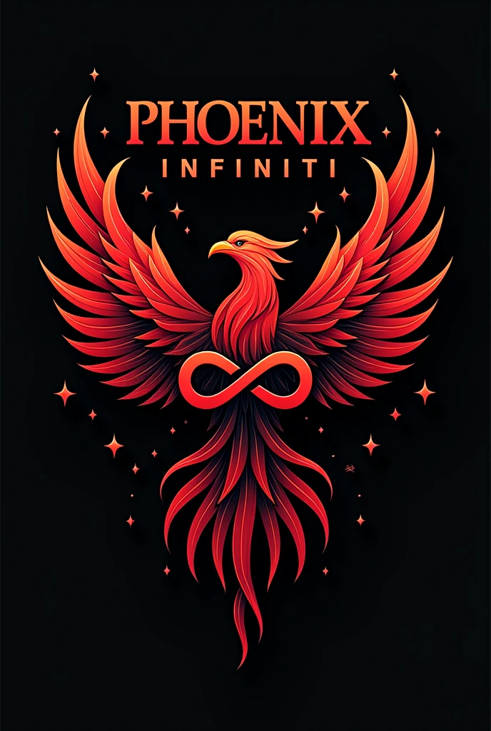  Phoenix bird + infinity symbol logo in red and black combo, merge phoenix bird and infinity symbol, include only 9 stars one around the bird ,  and include the name  PHOENIX in capitals and in modern font and INFINITI in smaller font than Phoenix, place it infiniti word right below PHOENIX, and add a tagline Where Excellence meets Quality , include bolt torquing machine and cold cutting Machine images as clipart 