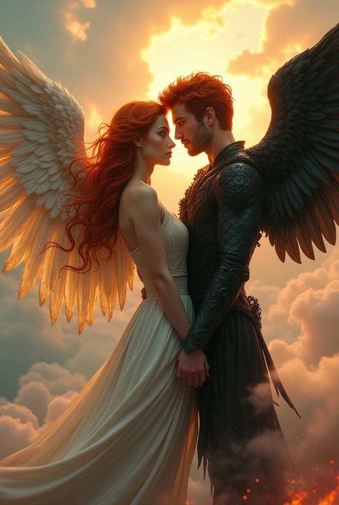 A red-haired angel with blue eyes and a handsome red-haired demon with green eyes, and they are siblings.