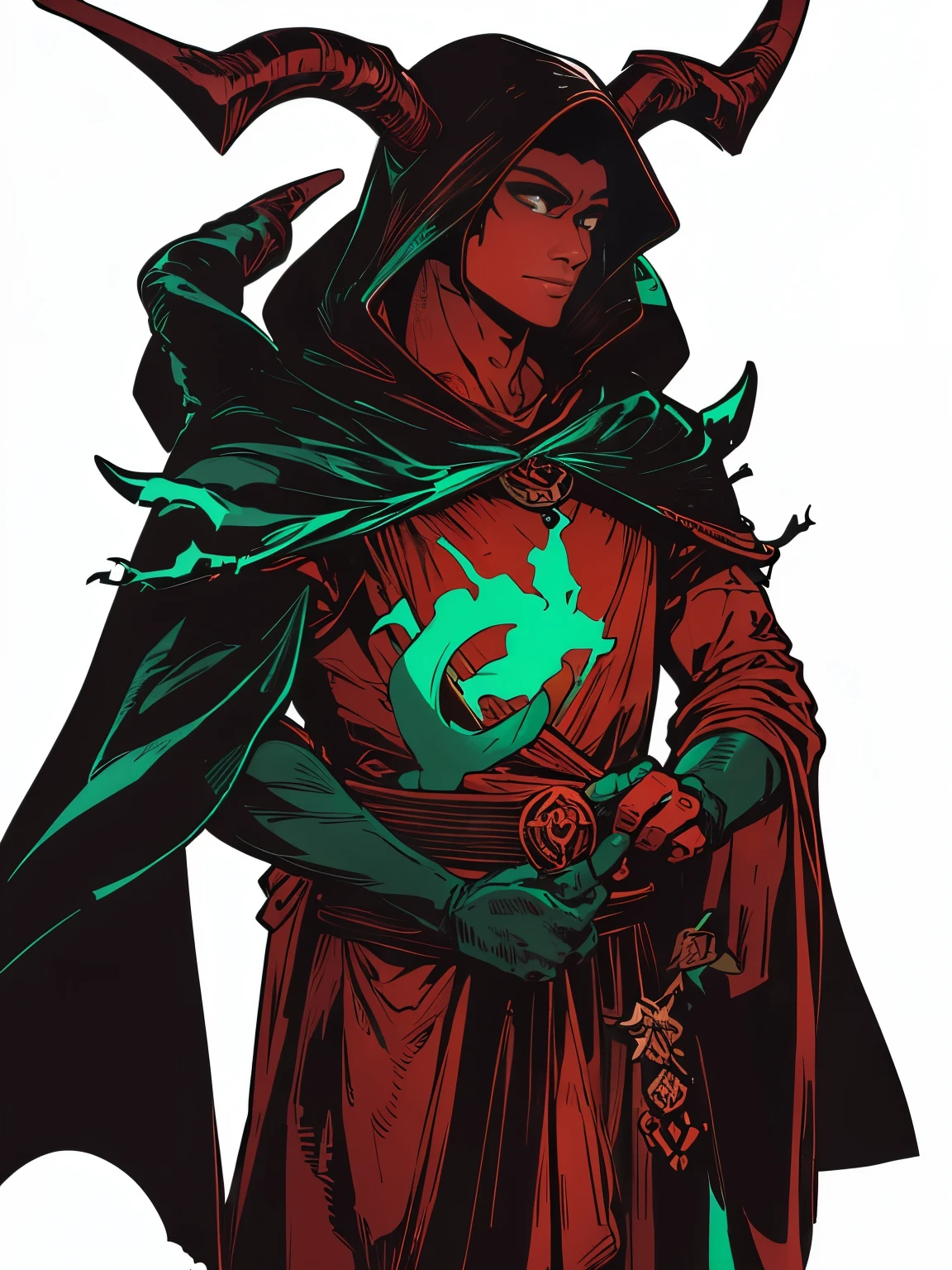 The young red-skinned male tiefling, black costume、green flame、forest in the background, view from three sides.
