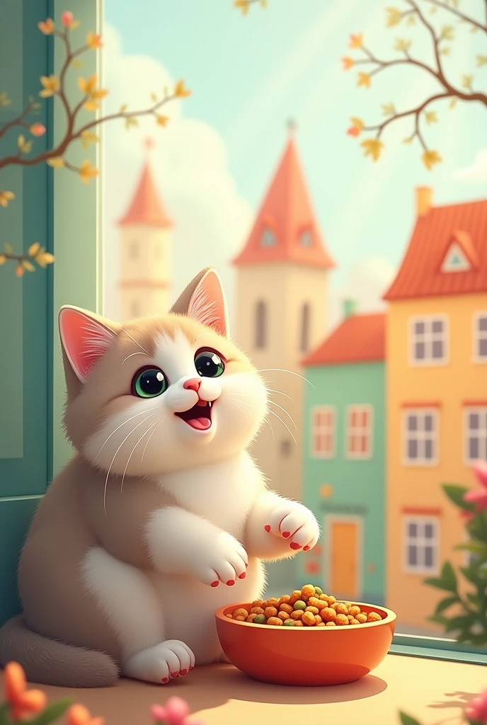 cute plump cat, sitting in a corner of the city and munching on a meal, simple and cute picture book-like background with gentle color effects