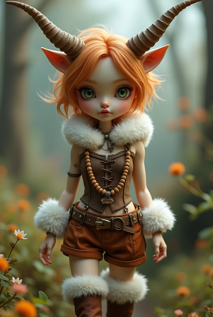 A girl of about 20 with white, pinkish skin in places, with a nose ring and long horns on the sides. Horns looking right and left. in a brown corset. Wooden beads with claws around the neck. Knee-high boots, white and brown fur. Cow hooves instead of soles. Short, ginger hair looking in different directions. Eyes of a fairytale green color. Shorts with a lot of pockets, brown color. There is a large white and brown fur bandage on her neck. This is all a full-length female doll.