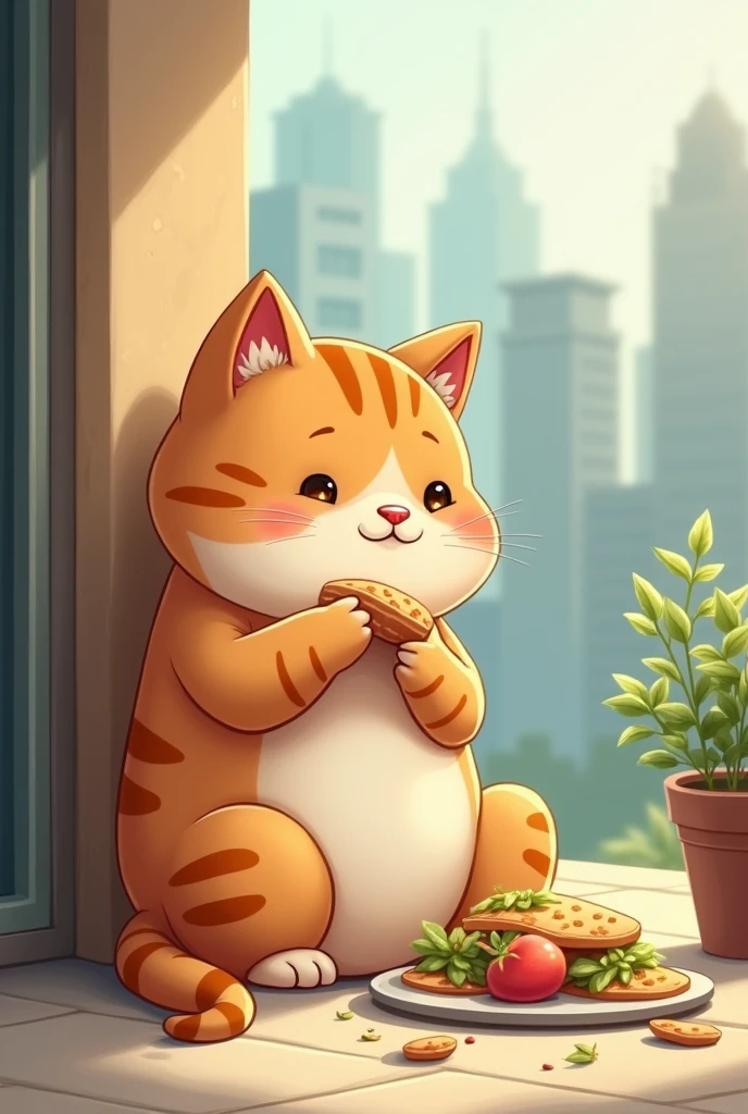 cute plump cat, sitting in a corner of the city and munching on a meal, simple and cute picture book-like background with gentle color effects