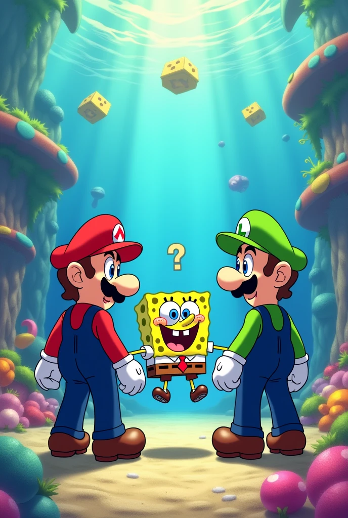 Mario and Luigi with SpongeBob SquarePants in an anime style