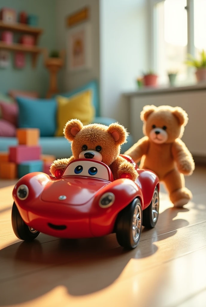 A toy car with no driver running away from the teddy bear 
