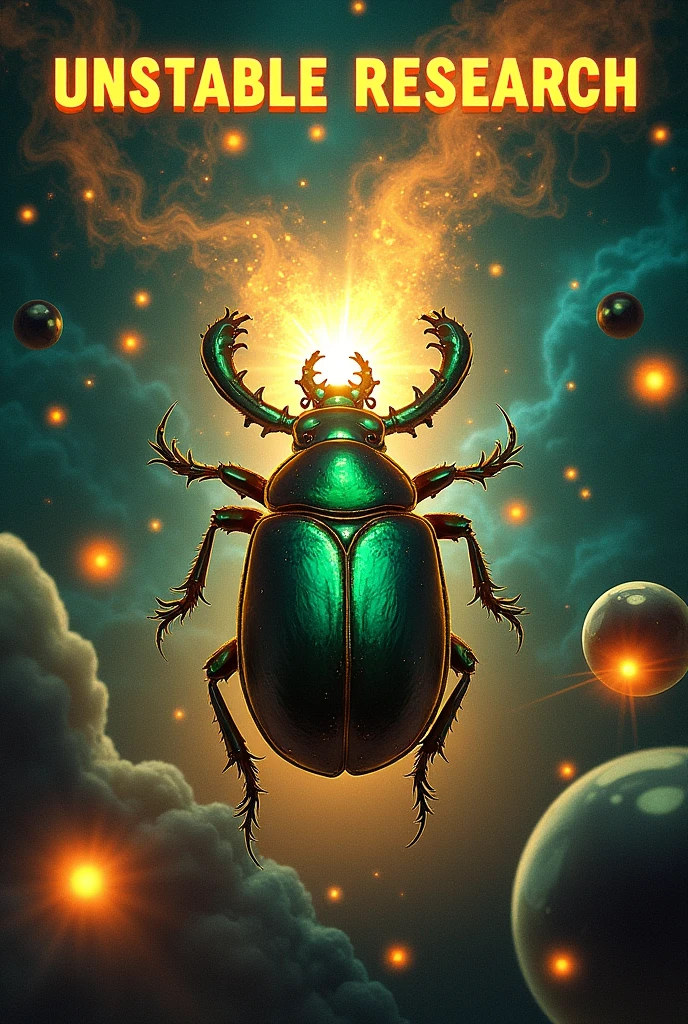 Atomic reactions. Scarab beetle in the center and in large text Unstable Research