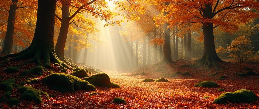 best quality,Super detailed,actual,landscape,autumn,beautiful warm tones,sunlight streaming through the woods,vibrant leaves,peaceful atmosphere,fresh air,subtle mist,fallen leaves covering the ground,Sunlight shines through the tree canopy,dappled light,Quiet silence,Sturdy trunk,Majestic branches reaching toward the sky,layers of leaves gently floating in the air,delicate autumn leaf dancing in the wind,richly textured bark,Lovely orange tones,Red,Golden yellow,a colorful tapestry of leaves carpeting the forest floor,the whispering rustle of leaves,moss-coveRed rocks and fallen logs,golden hour lights,Peaceful and quiet atmosphere.