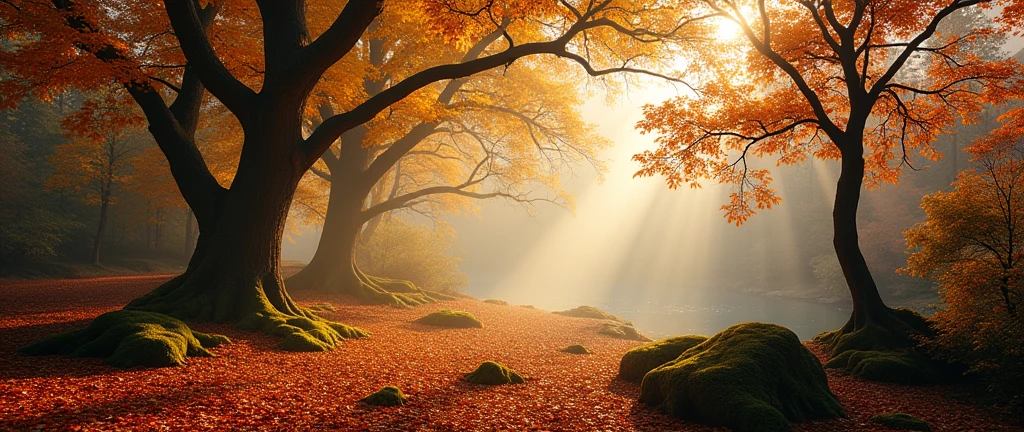 best quality,Super detailed,actual,landscape,autumn,beautiful warm tones,sunlight streaming through the woods,vibrant leaves,peaceful atmosphere,fresh air,subtle mist,fallen leaves covering the ground,Sunlight shines through the tree canopy,dappled light,Quiet silence,Sturdy trunk,Majestic branches reaching toward the sky,layers of leaves gently floating in the air,delicate autumn leaf dancing in the wind,richly textured bark,Lovely orange tones,Red,Golden yellow,a colorful tapestry of leaves carpeting the forest floor,the whispering rustle of leaves,moss-coveRed rocks and fallen logs,golden hour lights,Peaceful and quiet atmosphere.