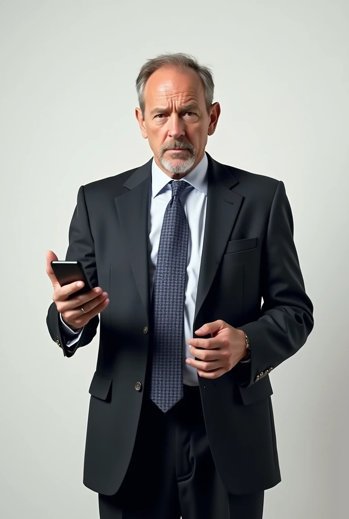 A middle-aged man with a receding hairline and a slightly smug expression, wearing a slightly wrinkled business suit and a tie. He has a confident yet somewhat awkward demeanor, holding a smartphone in one hand while gesturing with the other as if presenting something important. His posture is slightly hunched, and his facial expression is a mix of self-assuredness and subtle insecurity. The background is plain, focusing entirely on the character's appearance and personality., master part, extremely detaild, best qualityer, extremely detaild, as dr. Gregory House. (8k, top-quality, best qualityer, Masterpiece artwork, highy detailed: 1.2), (de meio corpo:1.3)