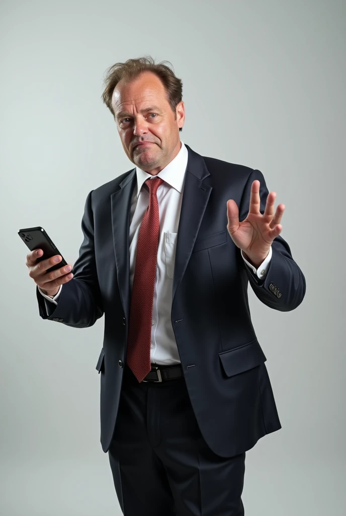 A middle-aged man with a receding hairline and a slightly smug expression, wearing a slightly wrinkled business suit and a tie. He has a confident yet somewhat awkward demeanor, holding a smartphone in one hand while gesturing with the other as if presenting something important. His posture is slightly hunched, and his facial expression is a mix of self-assuredness and subtle insecurity. The background is plain, focusing entirely on the character's appearance and personality., master part, extremely detaild, best qualityer, extremely detaild, as dr. Gregory House. (8k, top-quality, best qualityer, Masterpiece artwork, highy detailed: 1.2), (de meio corpo:1.3)