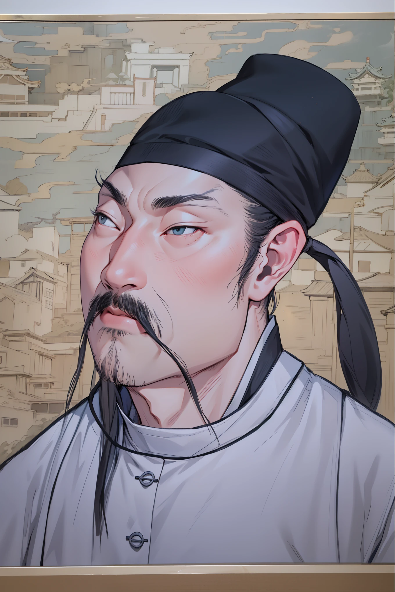 HD, (The finest details), (best quality), Disney, Li Bai，Ancient Chinese poet，1boy，Male focus，solo，Facial hair，hat，traditional media，Black Hair，Moustache，beard，Ponytail，Black headdress，Japanese Clothing，Upper body