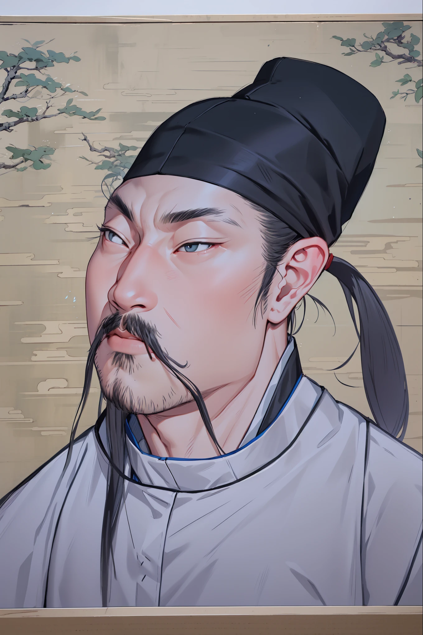 HD, (The finest details), (best quality), Disney, Li Bai,Ancient Chinese poet,1boy,Male focus,solo,Facial hair,hat,traditional media,Black Hair,Moustache,beard,Ponytail,Black headdress,Japanese Clothing,Upper body